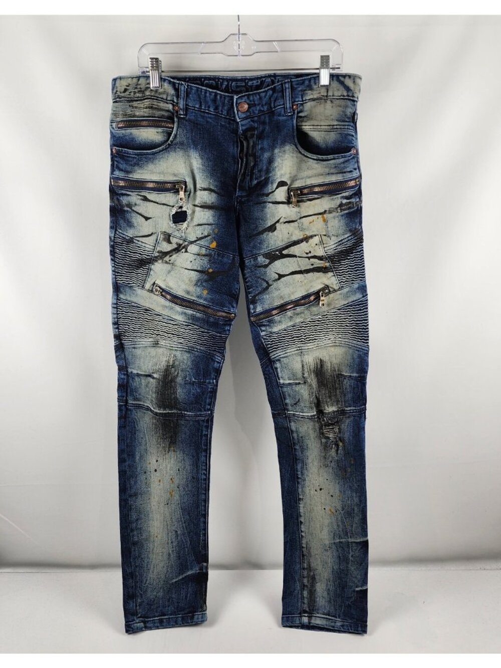 Rockstar Jeans Mens 34 Blue Splatter Biker Moto Button Fly Denim (34x34)